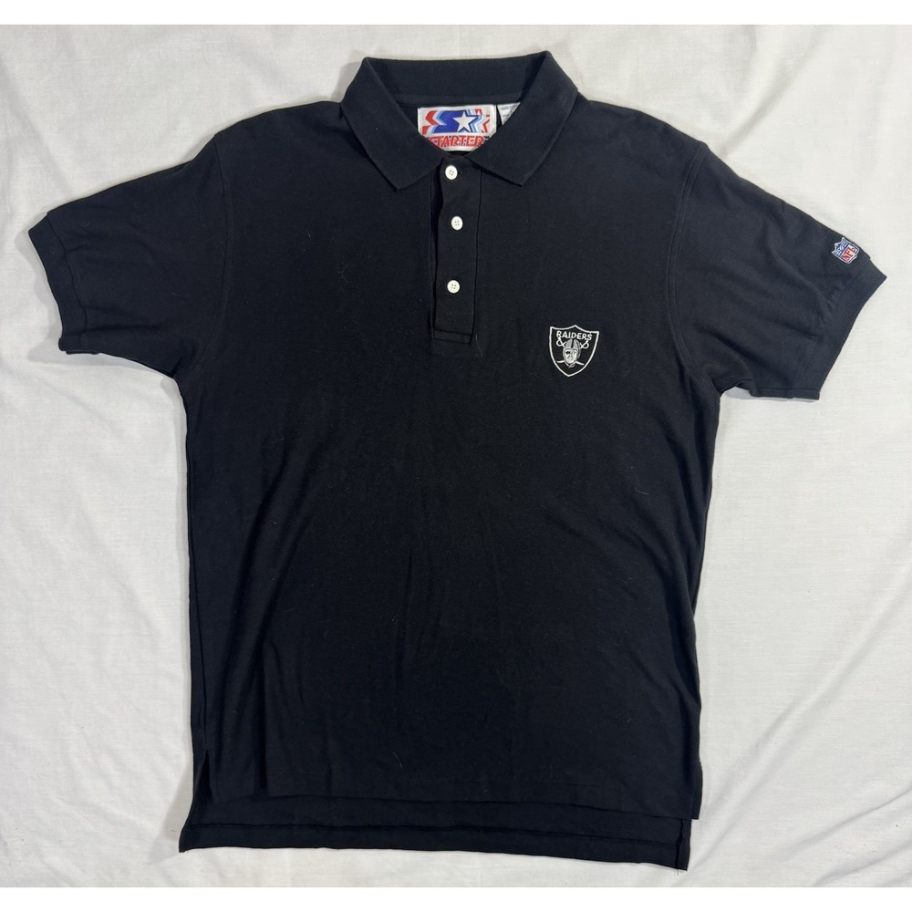 Vintage 90s Starter Oakland Raiders Polo Shirt Adult Large Black NFL Football